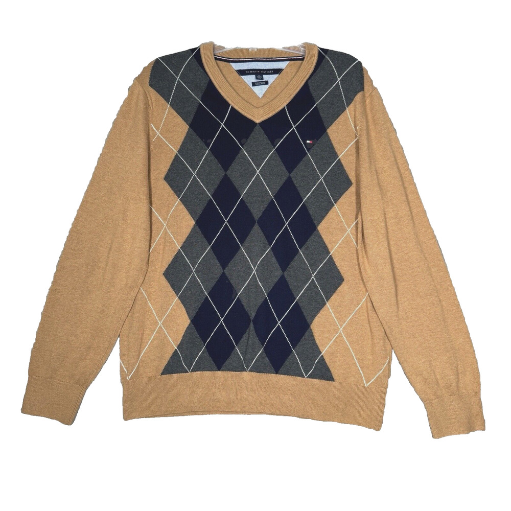 Tommy Hilfiger Sweater Mens XL Tan Blue Argyle Pima Cotton Preppy Classic Career